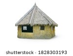 Outdoor tiki hut, beach hut bar, hay thatch hut, tribal hut, straw beach bar, tropical bungalow isolated on white background with clipping path.