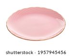 Empty ceramics plates, Pink plate  with spiral pattern, isolated on white background with clipping path, Side view