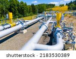 Small photo of Gas pipeline Gazelle. One part of Nord Stream pipeline from Russia to European Union. High pressure pipes on a hot summer day.