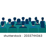 Сonference with audience in hall. People spectators. People audience back view. Students on lecture, seminar education. Vector illustration