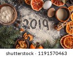 Christmas decorations background. Christmas food flat lay, top view, space for text.