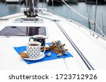 breakfast for two. cups of coffee on a yacht