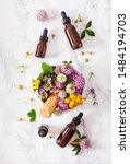 Small photo of medical flowers herbs in mortar essential oils in bottles. alternative medicine. clover milfoil tansy rosebay