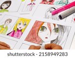 The artist draws sketches of anime frames on paper. Manga style.