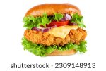 Small photo of Crispy deep Fried Chicken Burger with cheese, tomato, lettuce, pickles and mayonnaise isolated on white background