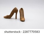 Pair of women's shoes made from wood. A beautiful high-heeled wooden shoes against white background. Handmade shoes for use in female concept 