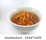 Hot and Spicy Korean Samyang ramen noodles in white bowl isolated on white background