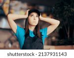 Small photo of Stressed Fast Food Worker Feeling Overwhelmed Doing Overtime. Retail employee having an awful schedule feeling exhausted and desperate