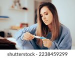 Small photo of Woman Checking the Results of a Pregnancy Test at Home Lady getting inconclusive results when testing for pregnancy hormone