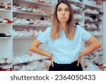 Small photo of Stressed Woman Thinking in Shoe Store What to Buy Undecided customer trying to figure out which shoes to buy