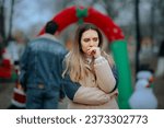Small photo of Couple Splitting up Before Christmas Leaving Girlfriend Devastated. Unhappy woman being left alone during winter holiday season