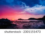 Panoramic view of the vibrant colors of the sunrise over the shores of Bic national park, Quebec, Canada