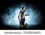 No law or dictatorship concept. The Statue of Justice with anti-riot police helmet holding scale. Creative artwork decoration with colorful toned foggy background. Selective focus