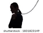 Small photo of black and white silhouette portrait of woman with chain around her neck, domestic violence concept, encumbrance
