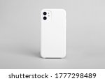 White iPhone 11 isolated on gray background, phone case mock up, smart phone back view