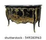 Small photo of Antique chest of drawers known as commode wood inlaid ormolu furniture isolated on white with clipping path