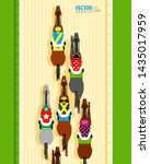 Six racing horses competing with each other. Banner. Universal template for a website. Horse racing. Hippodrome. Racetrack. Top view. Vector illustration