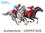 Two racing horses competing with each other. Hippodrome. Racetrack. Equestrian. Derby. Speed. Sport. Champion. Vector illustration. Isolated on white background