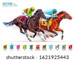 Two racing horses competing with each other. Hippodrome. Racetrack. Derby. Jockey uniform. Isolated on white background. Vector illustration