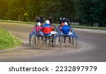Small photo of Jockey and horse. Racing horses competing with each other. Race in harness with a sulky or racing bike. Harness racing. Trotting horse race. Sport banner