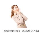 Small photo of Female Thai government officer in khaki uniforms looking copy space in excitement on white background. Surprised Asian woman act like a telling secret. facial expressions. Presenting some product.