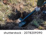 Small photo of Digging with a shovel in the forest. The man is digging the ground. Dig up the treasure. Search for metal. Dig the ground.