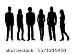 Vector silhouettes of  men and a women, a group of standing and walking business people, black color isolated on white background