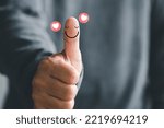 Small photo of businessman thumb up showing happy smile face and red heart emotion, good satisfaction feedback rating, think positive, customer review, assessment, good mood, world mental health day, Compliment Day