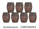 brown oak barrel in two rows... | Shutterstock . vector #1589358493