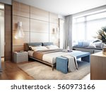 Bright and cozy modern bedroom with dressing room, large window and broad window sill for read with soft seats and cushions. 3d render