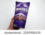 Small photo of Norway 30 april 2023: Cadbury Heroes Dairy Milk Wispa Fudge Eclairs Crunchie bits Twirl and Dairy milk caramel Dinky Decker and Crene Egg Twisted chocolate collection container pack from England