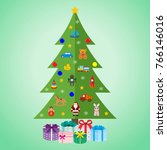 christmas tree with toys and... | Shutterstock .eps vector #766146016