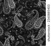 Small photo of Paisley black-white pattern on a black background. decorated the bandanas of cowboys and bikers popularized by The Beatles, ushered in the era of rock and roll.