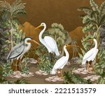 gold landscape with white birds ...