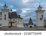 Small photo of The brethren's building of the Spaso-Preobrazhensky Monastery in the Kazan Kremlin and the Preobrazhenskaya Tower in the background on a sunny spring day, Kazan, Republic of Tatarstan, Russia