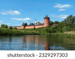 Small photo of View of the Spaso-Evfimiev Monastery (a monastery of the Vladimir Diocese of the Russian Orthodox Church) on the bank of the Kamenka River on a sunny summer day, Suzdal, Vladimir region, Russia