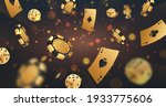 Falling golden poker chips, tokens, dices, playing cards on black background with gold lights, sparkles and bokeh. Vector illustration for casino, game design, flyer, poster, banner, web, advertising.