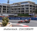 Small photo of Principality of Monaco - May 14, 2022: The 1971 Ferrari 312 originally driven by Jackie Ickx going through the hairpin turn in front of the Fairmont Hotel during a practice for the Monaco Historic GP.