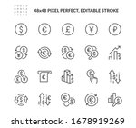 Simple Set of Currency Related Vector Line Icons. Contains such Icons as Exchange Rate and Currency Forecast, Change Graph. Editable Stroke. 48x48 Pixel Perfect.