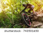 Sport. A cyclist on a bike with a mountain bike in the forest