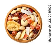 Small photo of Exotic dried fruit mix with nuts, trail mix in a wooden bowl. Snack food and mixture of dried cranberries, banana chips, candied papaya, coconut chips, blanched almonds, hazelnut kernels and cashews.