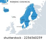 Nordic Council members, political map. Cooperation among the Nordic states Denmark, Finland, Iceland, Norway and Sweden, the autonomous territories Faroe Islands and Greenland, and the region Aland.