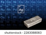 Small photo of Cast silver bar, and periodic table with highlighted element silver. 1000 gram bullion bar, 32.15 troy ounces of the refined chemical element with Latin name argentum, symbol Ag, and atomic number 47.