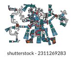 Tlaloc, Aztec god of lightning, rain and earthquake, deity of fertility and water. He is shown with blue skin, wearing a jaguar mask, steam coming from his mouth, holding a wavy serpent and an axe.