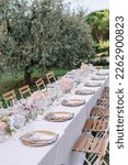 Small photo of The decor of the wedding dinner in the olive grove. Corner table is decorated with flowers, roses and hydrangeas. Wedding banquet in light white and pink colors
