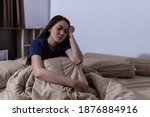 Small photo of Young asian woman cannot sleep insomnia late at night. Can't sleep. Sleep apnea or stress. Sleep disorder concept.