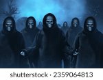Small photo of Group of grim reaper on graveyard cemetery with fog or smoke background