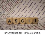 Small photo of ascii - cube with letters and words from the computer, software, internet categories, wooden cubes