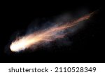 Small photo of texture of a falling comet with sparks, smoke and a trail of particles, isolated on a black background