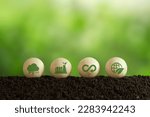 Small photo of Growing sustainability. LCA-Life cycle assessment concept. Environment icons on wooden sphere balls on a green background. Concept of environmental impact assessment related to product value chains.